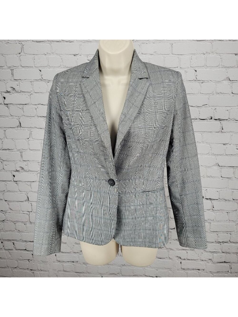 Zara Basic Black White Blue Check 1 Button Vented Notch Blazer Suit Jacket 2